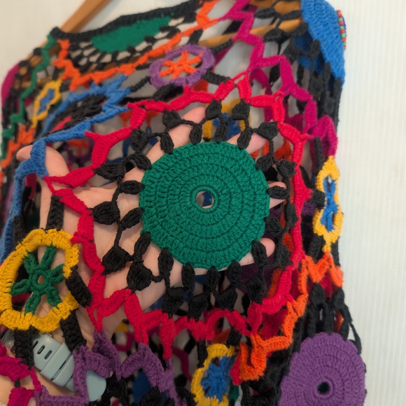 Vintage MY Sportswear Rainbow Colorful Crochet Beaded Open Knit Top Boho Hippie - Picture 8 of 10